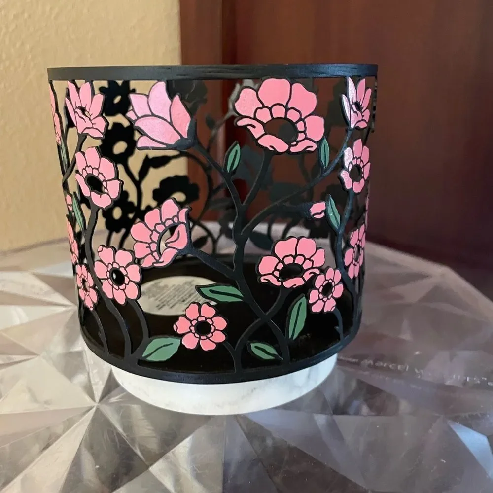 Bath & Body Works Black Metal Pink Poppy Flower Marble Base Candle Holder